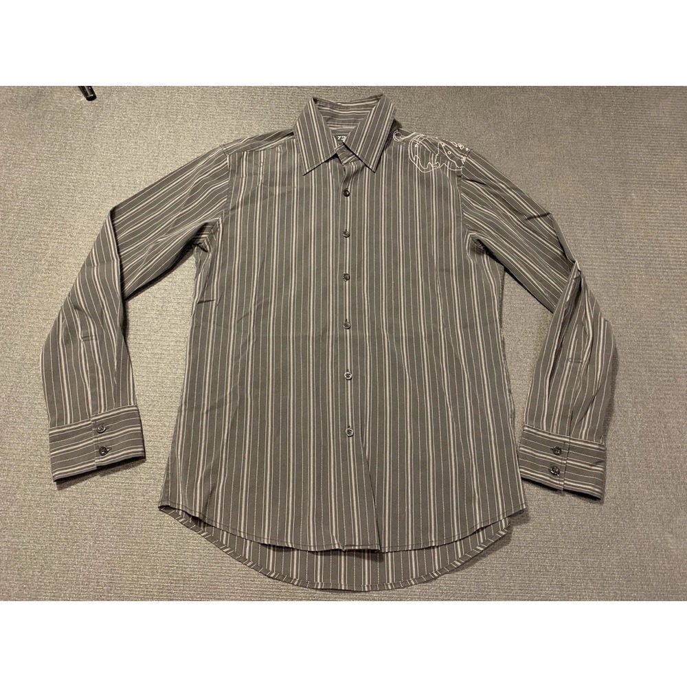 7 Diamonds Shirt Mens Medium Black Strped Long‎ Sleeve Button Up Embroidery